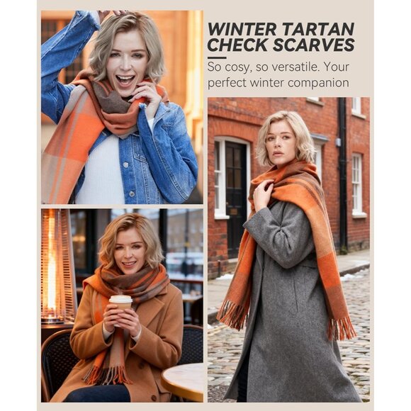 Women Orange & Gray Winter Warm Shawl Wraps Tartan Blanket Oversized Scarves - Picture 3 of 6